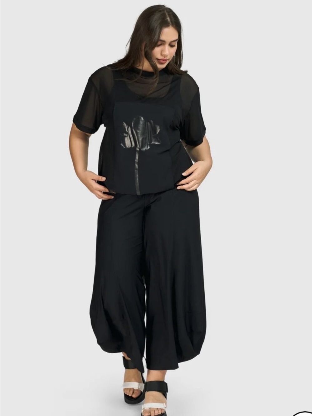 Plus-Size Black Cropped Wide-Leg Jumpsuit with Sheer Top